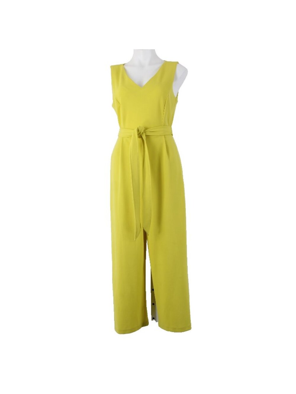 Calvin Klein Jumpsuit Sz 10 x 25 Lime Yellow Belted Pockets V Neck Poly Spandex